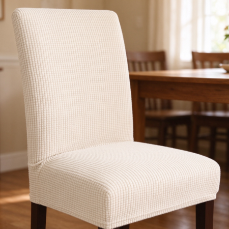 Off-White Waffle-Texture Stretch Dining Chair Cover – Minimalist Dust-Proof Chair Back Cover