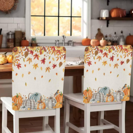 Autumn-Themed Pumpkin and Maple Leaf Print Chair Back Cover – Linen-Textured Harvest-Style Slipcover