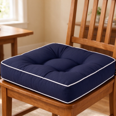 Navy Blue Quilted Dining Chair Cushion with White Piping – Non-Slip, Square, Tie-On Design