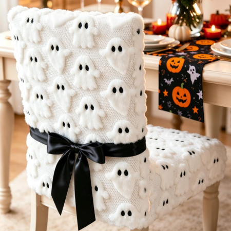 Halloween 3D Little Ghost Plush Chair Back Cover with Bow