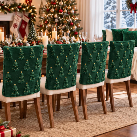 Dark Green 3D Christmas Tree Jacquard Chair Back Cover – Christmas-Themed Decorative Cover