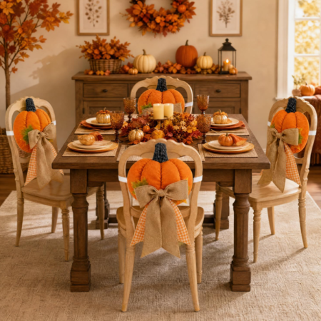 3D Pumpkin-Themed Fabric Chair Back Cover – Autumn Harvest Style with Bow Detail