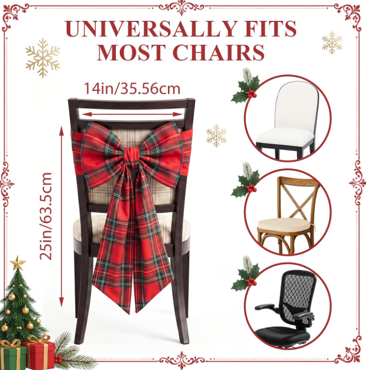 Vintage Red Plaid Bow-Tie Chair Back Cover – Christmas Banquet Chair Decoration - Image 2