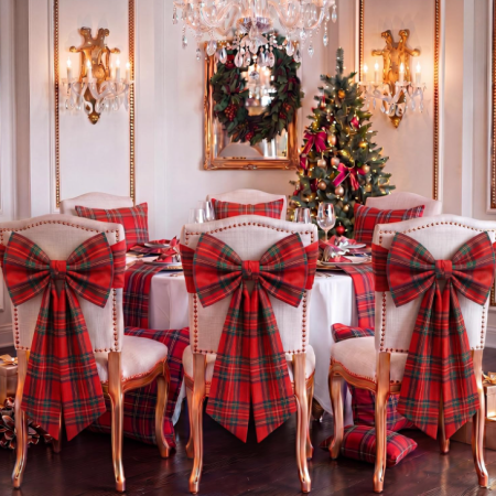 Vintage Red Plaid Bow-Tie Chair Back Cover – Christmas Banquet Chair Decoration