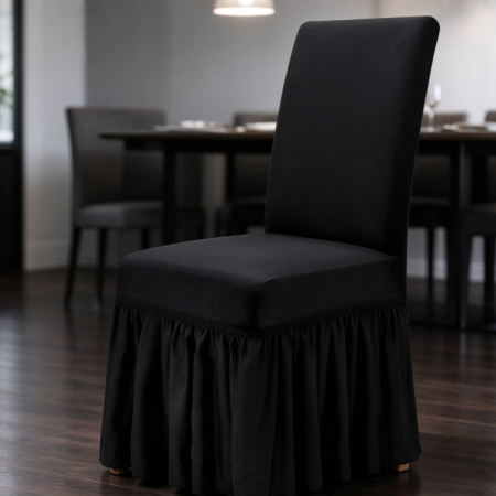 Black Stretch-Fit Dining Chair Cover with Skirted Hem – Full-Coverage, Stain-Resistant