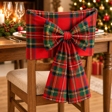 Red Plaid Chair Back Cover with Integrated Bow – Christmas Dining Table Decor