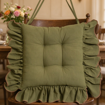 French-Style Ruffled Cotton-Linen Dining Chair Cushion – Square, Tie-On Decorative Seat Pad