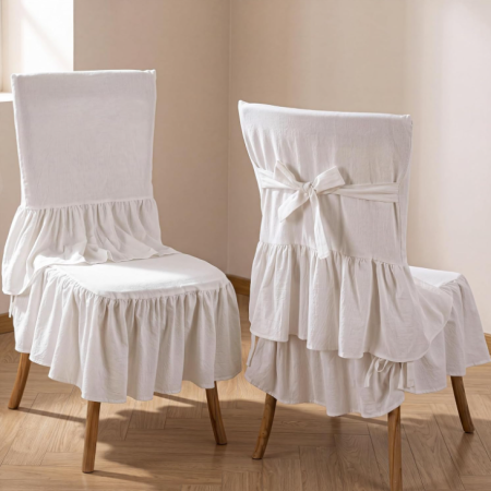 White Double-Layer Ruffled Chair Back Cover – Soft, Solid-Color, Full-Coverage Design