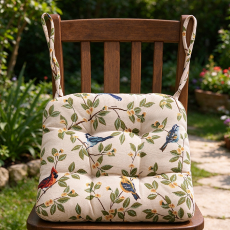 Outdoor Patio Chair Cushion with Floral & Bird Jacquard – Thickened, Tie-On Garden Seat Pad
