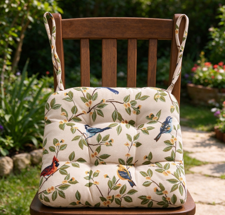 Outdoor Patio Chair Cushion with Floral & Bird Jacquard – Thickened, Tie-On Garden Seat Pad