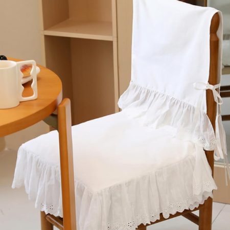 White Openwork Embroidered Ruffled Chair Back Cover – Lace-Trimmed Decorative Backrest Cover
