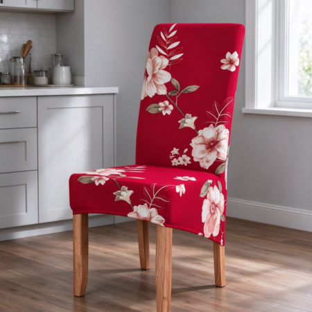 Red Floral Stretch Dining Chair Cover – Dustproof and Stain-Resistant