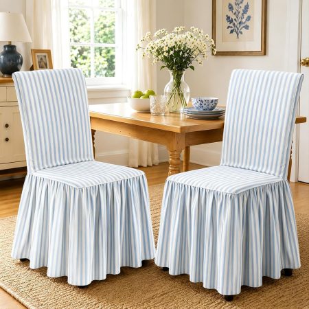 Blue Striped Ruffled Dining Chair Covers