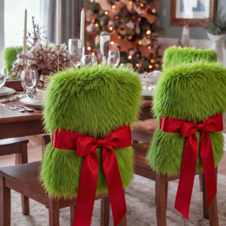 Long-Pile Green Christmas Chair Back Cover with Red Satin Bow